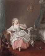 unknow artist A bedroom interior with a young girl holding a song bird oil painting artist